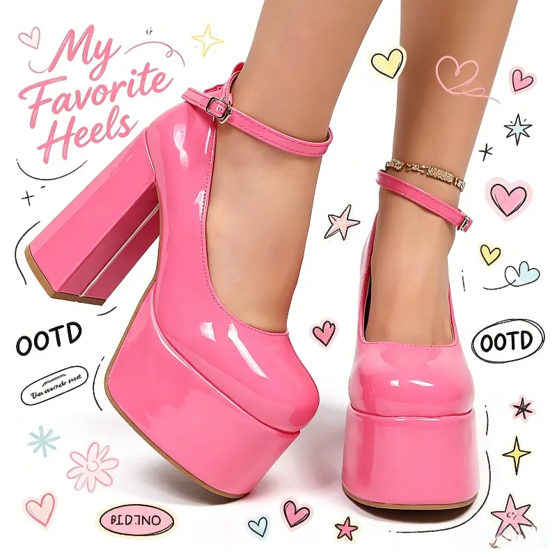 Fashion Pink Chunky Heel Pumps Women Super High Heel Shoes Woman Patent Leather Ankle Buckle Party Shoes Plus Size 42