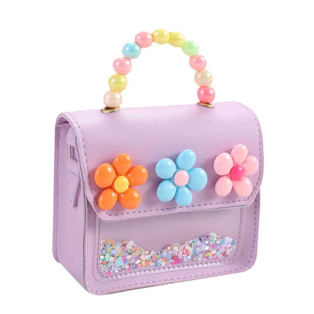 Creative Cute Flowers Children's Messenger Bag PU Leather Bowknot Shoulder Bag Pearl Shiny Crossbody Bags