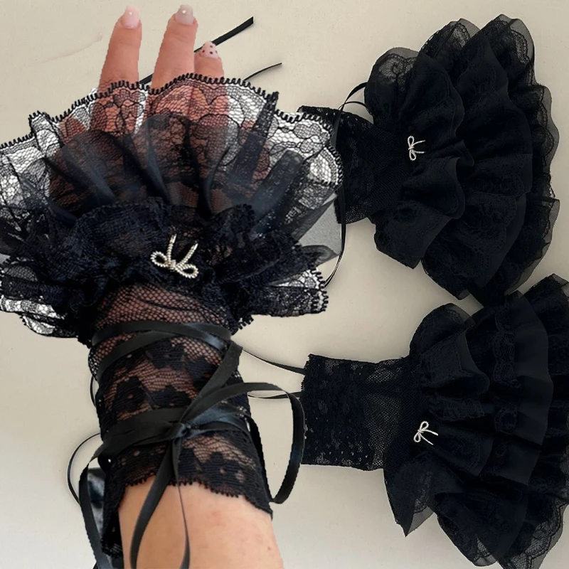 JK Lolita Lace Bow Gloves Fingerless Multideck Wrist Cuffs Ruffled Floral Lace Elastic Sleeve Cover Silk Ribbon Thin Leg Covers