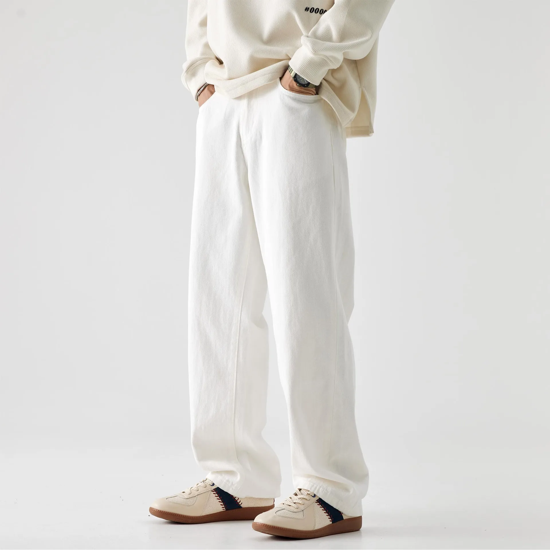 

Весенне-осенние новые хлопковые белые прямые джинсы клафита, простые и универсальные модные длинные брюки