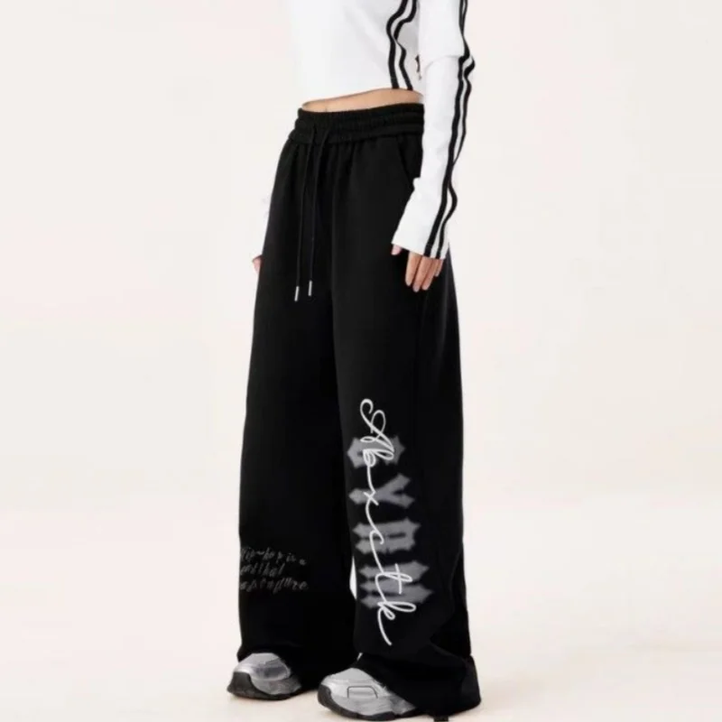 Amerykańskie spodnie sportowe damskie w stylu vintage, szerokie nogawki, modne trendy streetwear, styl koreański, spodnie do tańca.