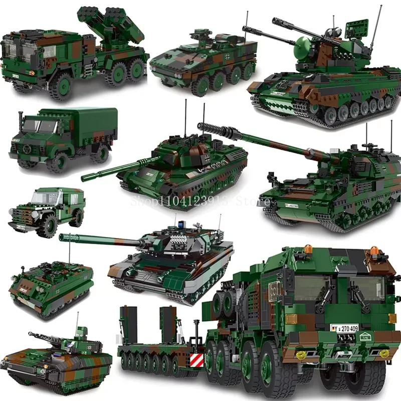 Germany Military Technical Building Block HX-8 Elefant Tractor PZH2000 Cannon Leopard Tank Lars-2 Rocket Model WW2 MOCToy Bricks