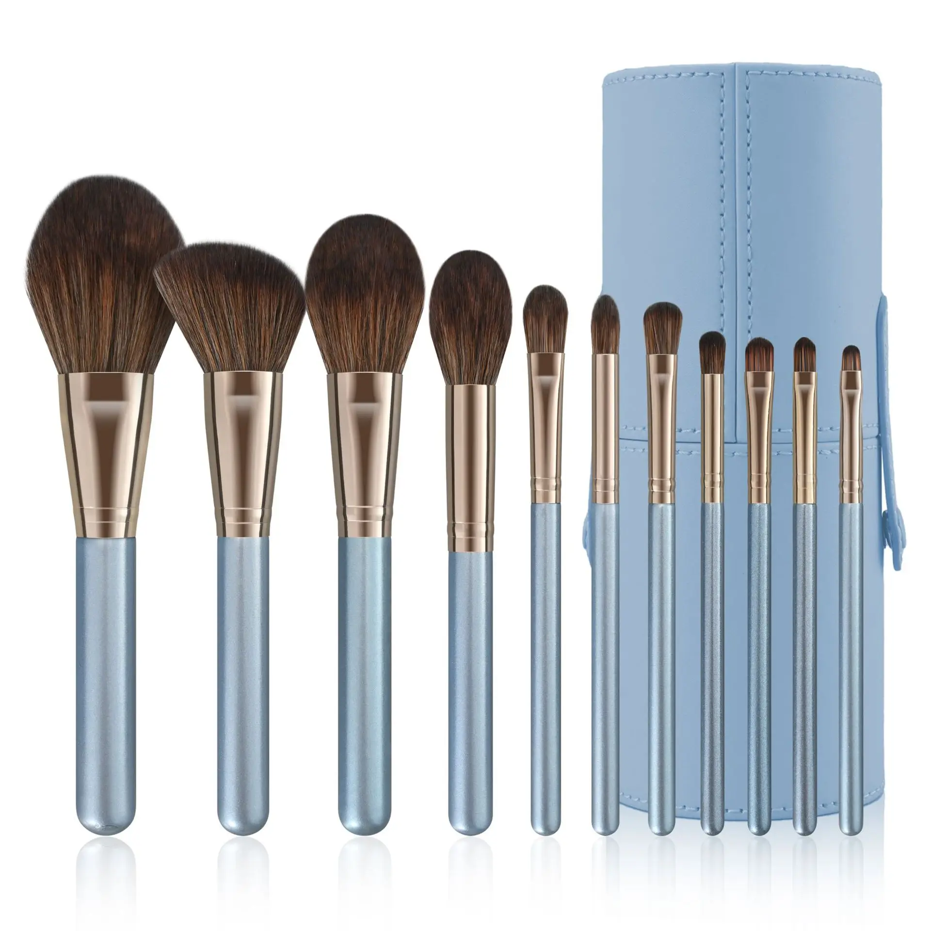 Set di pennelli per trucco con manico in legno da 11 pezzi Set di pennelli per ombretto per fondotinta in lana naturale Kit di pennelli cosmetici da viaggio portatili