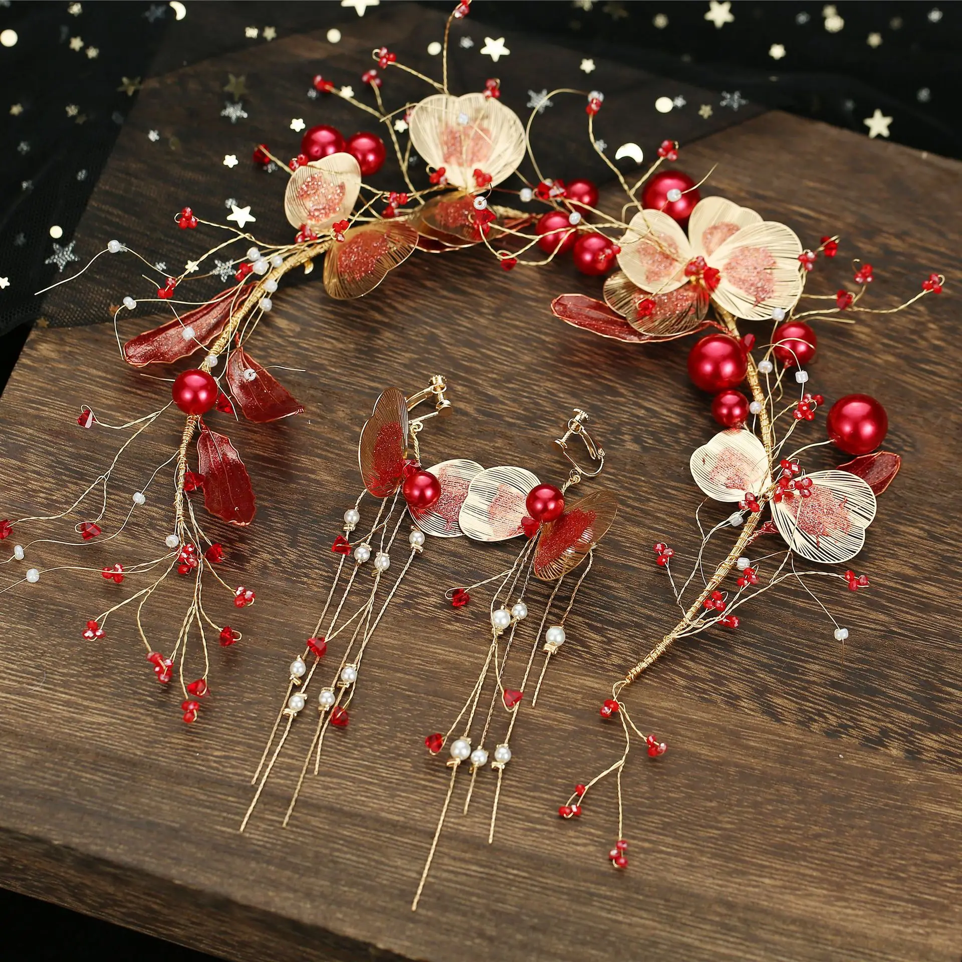 Vintage Chinese Style Clip Red Hair Pins and Clips Flower Headband Earrings Set Women Wedding Party Headdress Jewelry FORSEVEN