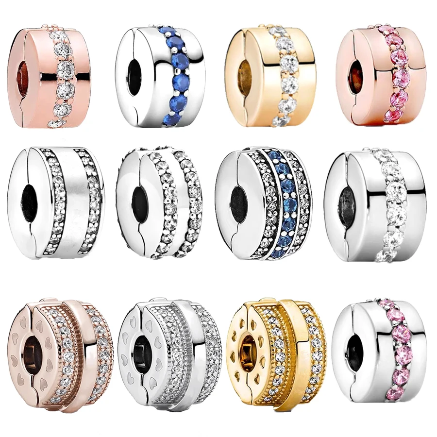 Hot Sale Sparkling Polychrome Row Pavé Clip Charm Beads Fit Original Pandora925 Sterling Silver Bracelet DIY Jewelry Gift Making