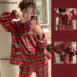 Red Plaid Pajamas for Women Sweet Lace Design Home Peter Pant Collar Tender Girlish Ulzzang Sleepwear Cozy College Students Chic
