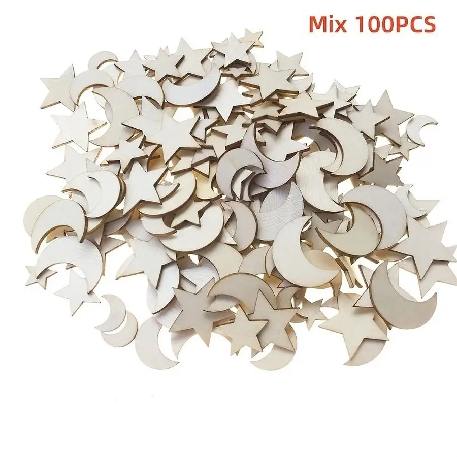1/5/10/20/50/100pcs Wooden Cutout Set - DIY Craft: Pentagram and Crescent Moon Shapes for Christmas, Halloween, Hanukkah, Thanks
