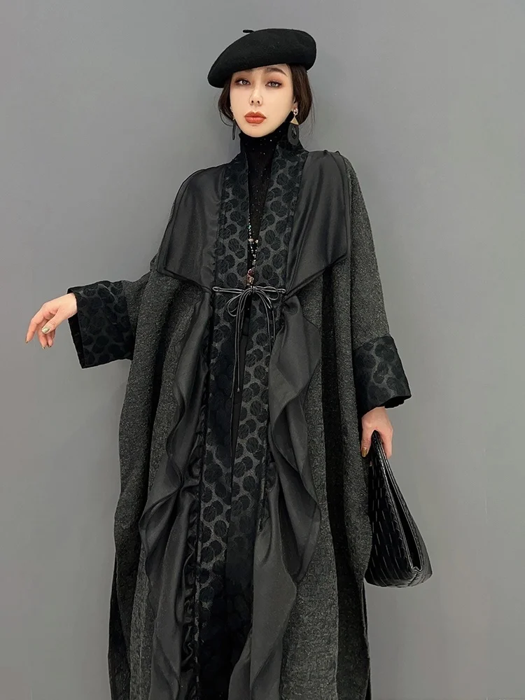 SHENGPALAE Vintage Patchwork Trench High-quality Ruffles Coat Fashion Loose V-neck Windbreaker 2024 New Y2k Women Clothes 5R529