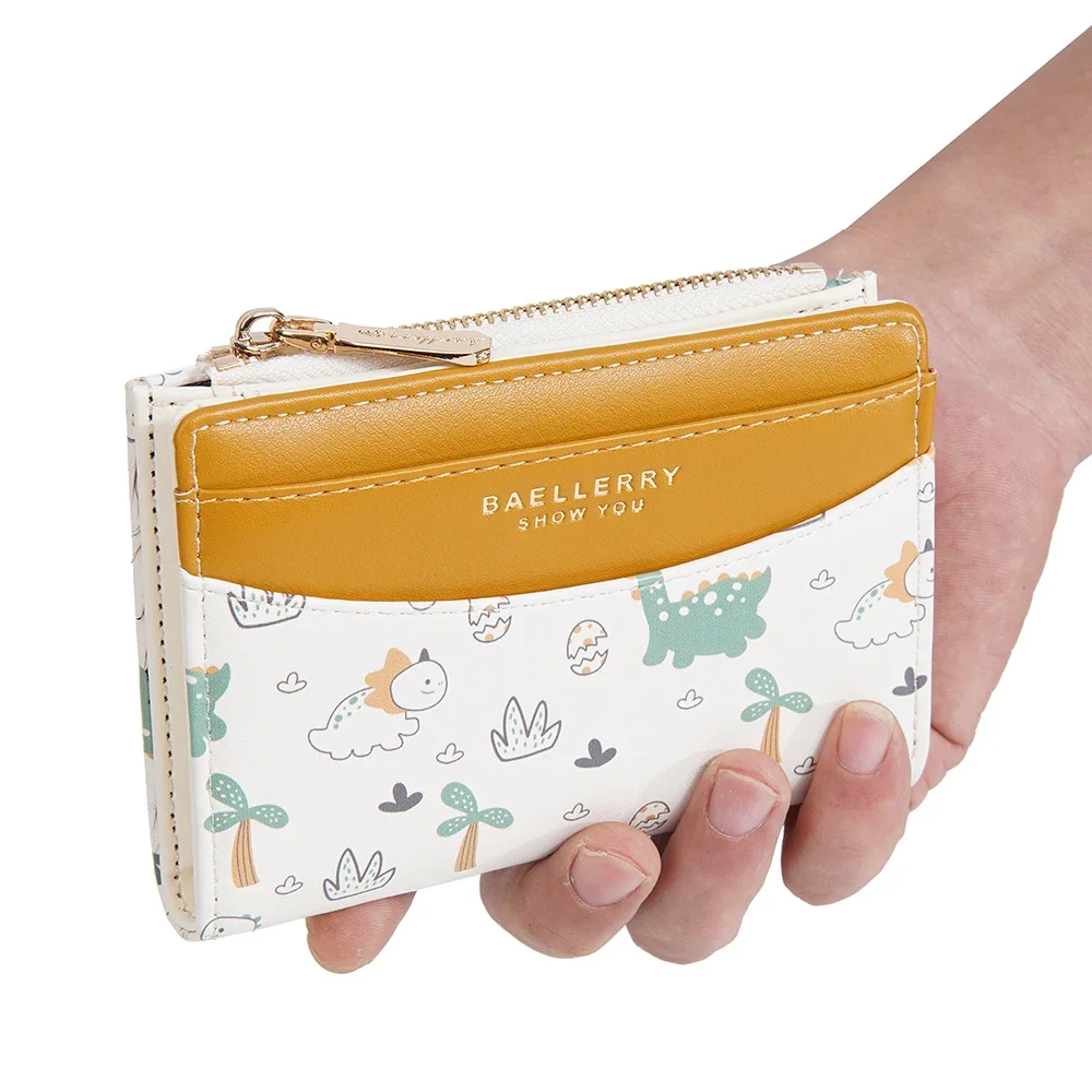 Women Wallet Small Short Cute Dinosaur Pattern Money Bag Wallet for Student Girl Pu Leather Card Holder Zipper Coin Purse Yellow