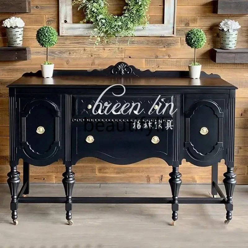178CC American solid wood porch cabinet Neoclassical black locker foyer partition side cabinet