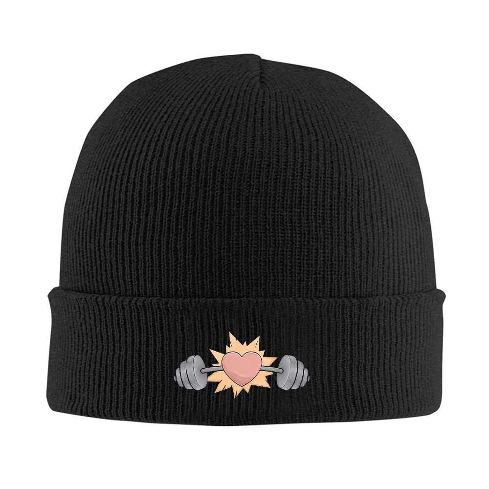 Heart Barbell Print Knitted Beanie Hat Unisex Warm Winter Ski Cap for Outdoor Activities
