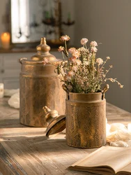 Vintage Feather Pattern Iron Storage Jar | Antique Gold Decorative Vessel | Handcrafted Lid Container | Boho Home Decor