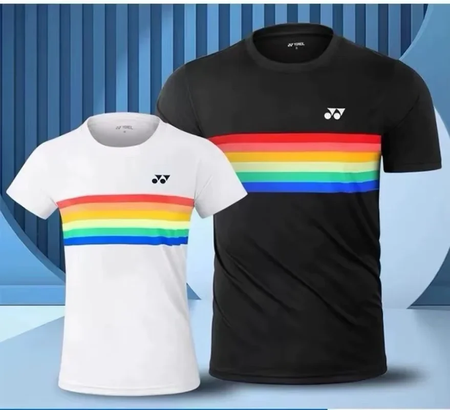 Yonex 2024 New Rainbow Badminton Suit for Men and Women Quick-drying Breathable Short-sleeved Tops T-shirts