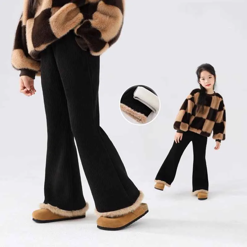 Thick Warm Bell Bottom Pants Winter Girls Fleece Lined Slim Fit Trousers Autumn Kids Fashion Trendy Trousers Children Clothing
