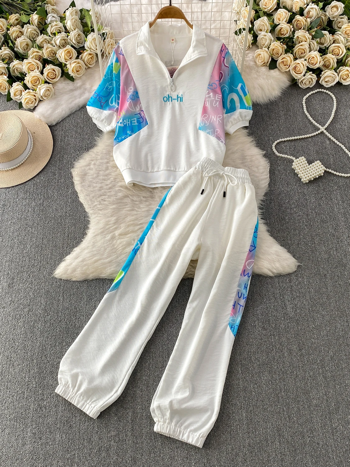 

Casual Sporty Two-Piece Women's Set Breathable Hollow out Printed Half Zipper Collared Sweatshirt Slimming Cuffed Sweatpants