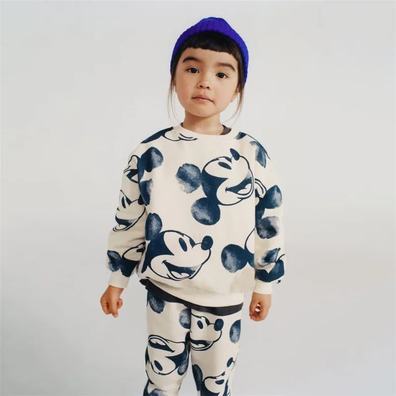 2Pcs Spring Autumn Kids Casual Outfits Cute Cotton Mickey Mouse Print Sweatshirt + Pant Baby Clothes Sets