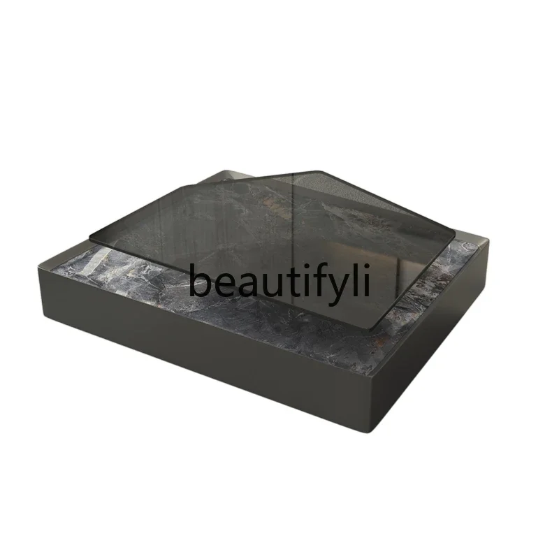 

Irregular special-shaped rock slab gray glass coffee table modern simple rotatable stainless steel high-end coffee table