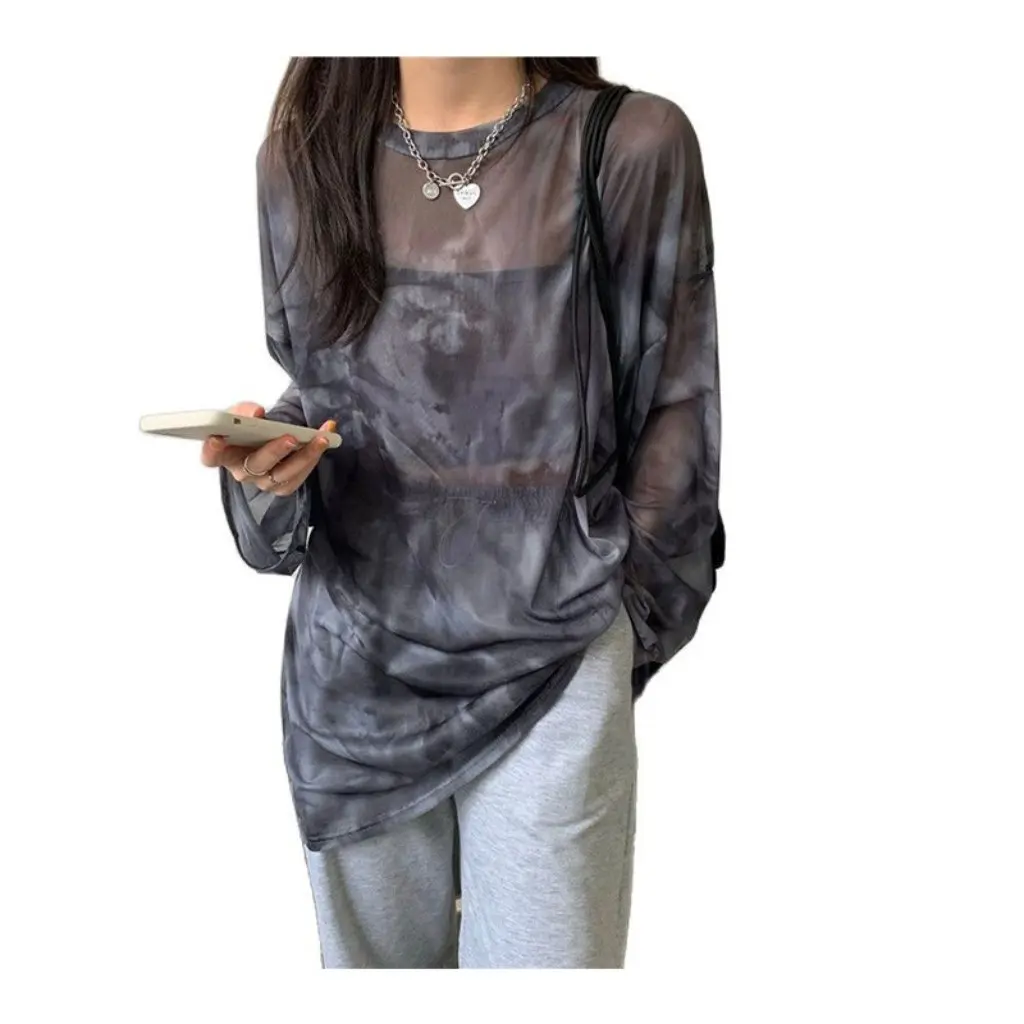 

Women's Loose Korean Style Tie-Dye Mesh Long-Sleeved T-Shirt Western Style Sun Protection See-Through Thin Top