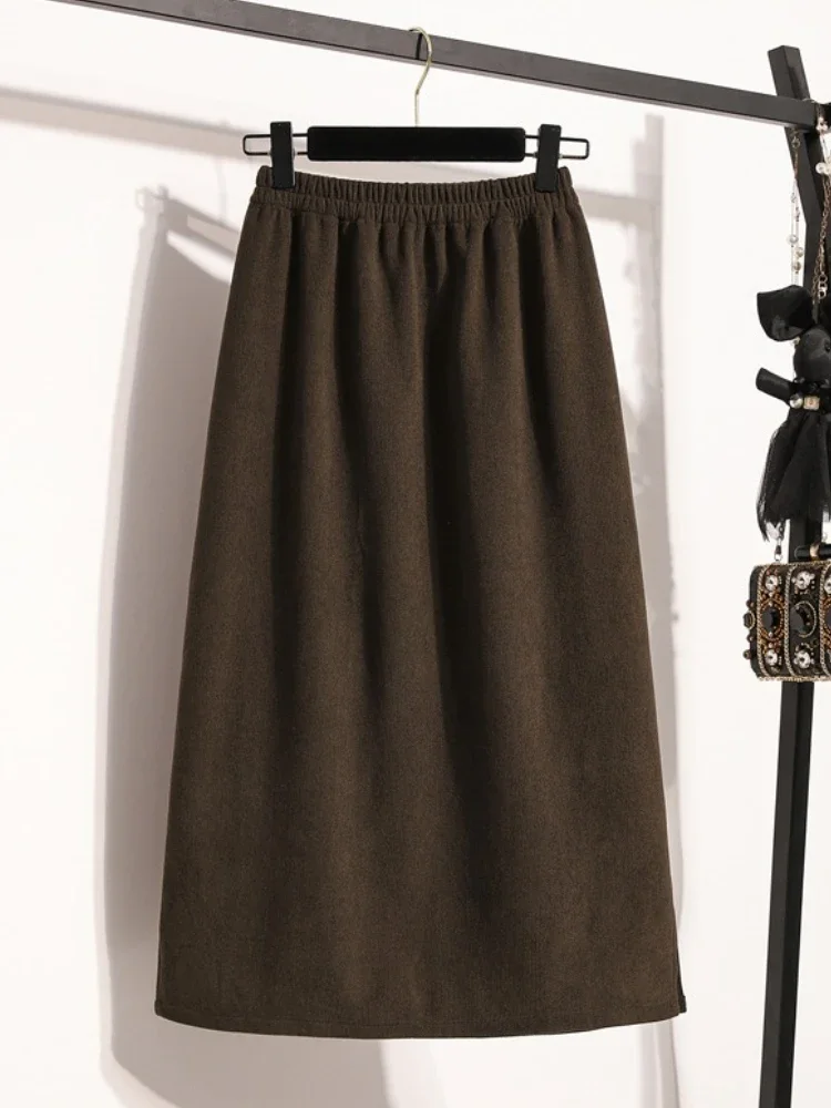 2026 Autumn Plus Size Skirt Women High Elastic Waist Large Size Skirt Korean Style Elegant Brown Casual Slit Pencil Skirts