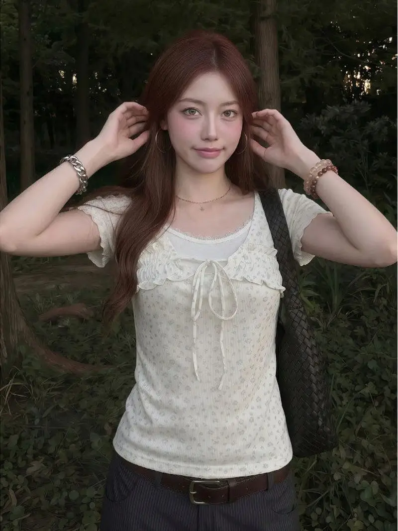 Kimutomo Women French Style Floral Tie Fake Two Piece Lace Short Sleeve T Shirt Slim Fit Age Reducing Versatile Summer Top
