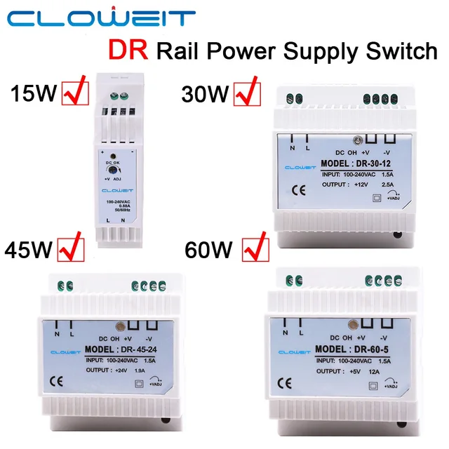 15W 30W 45W 60W Pojedyncze wyjście 5V 12V 15V 24V Przemysłowy przełącznik zasilania na szynę Din DR-15 DR-30 DR-45 DR-60