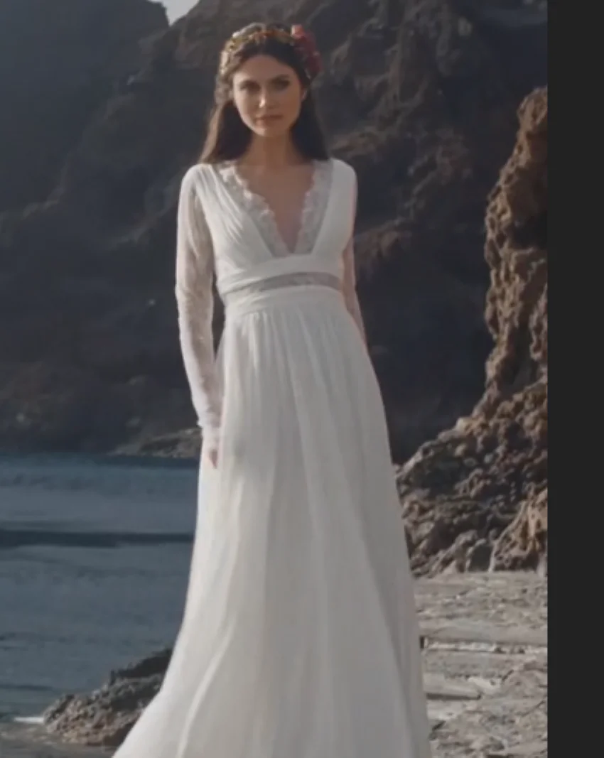 Othray V-Neck Floor Length Chiffon A-Line Lace Back Bridal Gowns With Belt Charming Bohemian Wedding Dress Long Sleeve