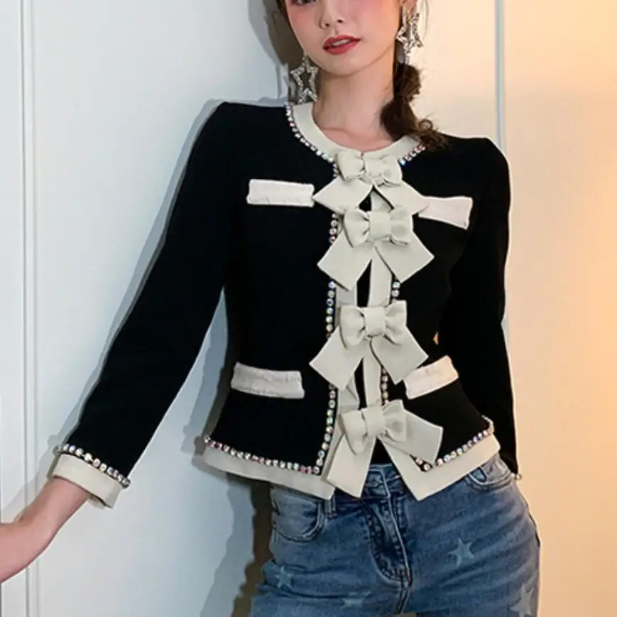 Bow jacket women spring autumn rhinestone short suit jacket