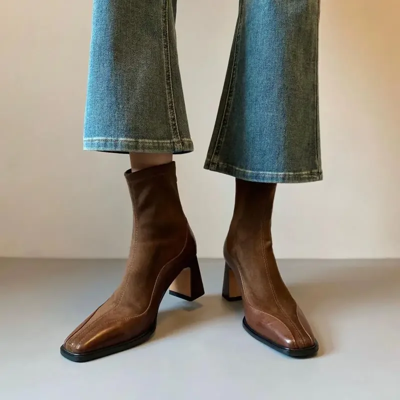 Elegant Square Toe Solid Pu Black Chelsea Boots Women 2025 Autumn French Retro High Heel Ankle Boots Retro Brown Suede Booties