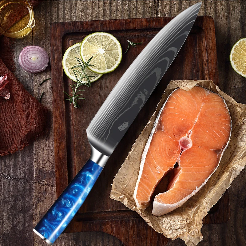 7Cr17Mov Santoku Salmon Knife Blue Resin Handle Fish Fillet Knives Yanagiba Sashimi Sushi Slicer Kitchen Peeling Curving Knife