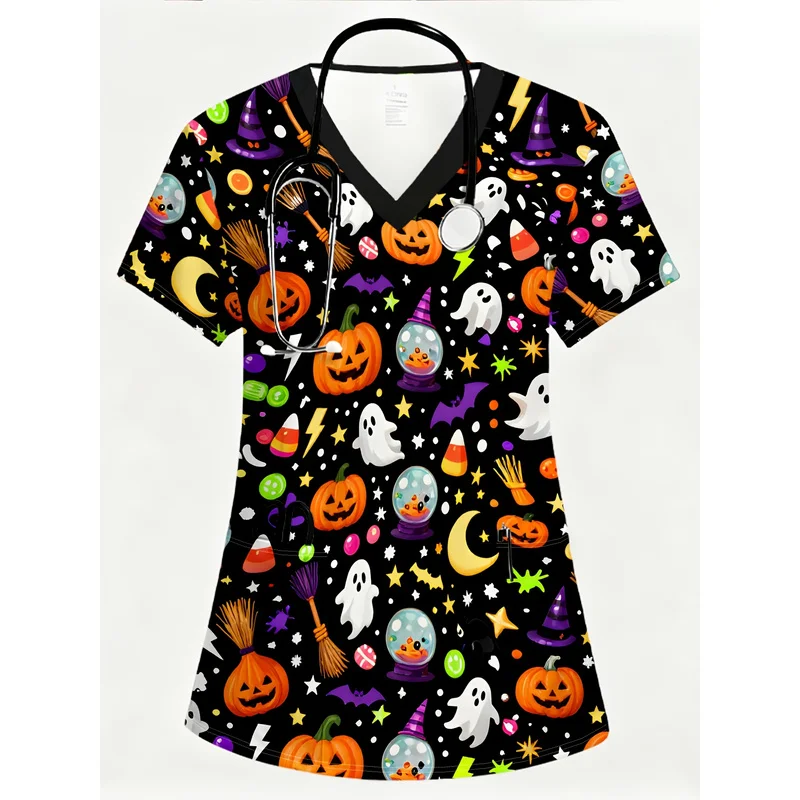 Women's Halloween Printed Scrub Top, Pumpkin Ghost Bat Pattern V-Neck Short Sleeve Nurse Working Uniform With Pockets.