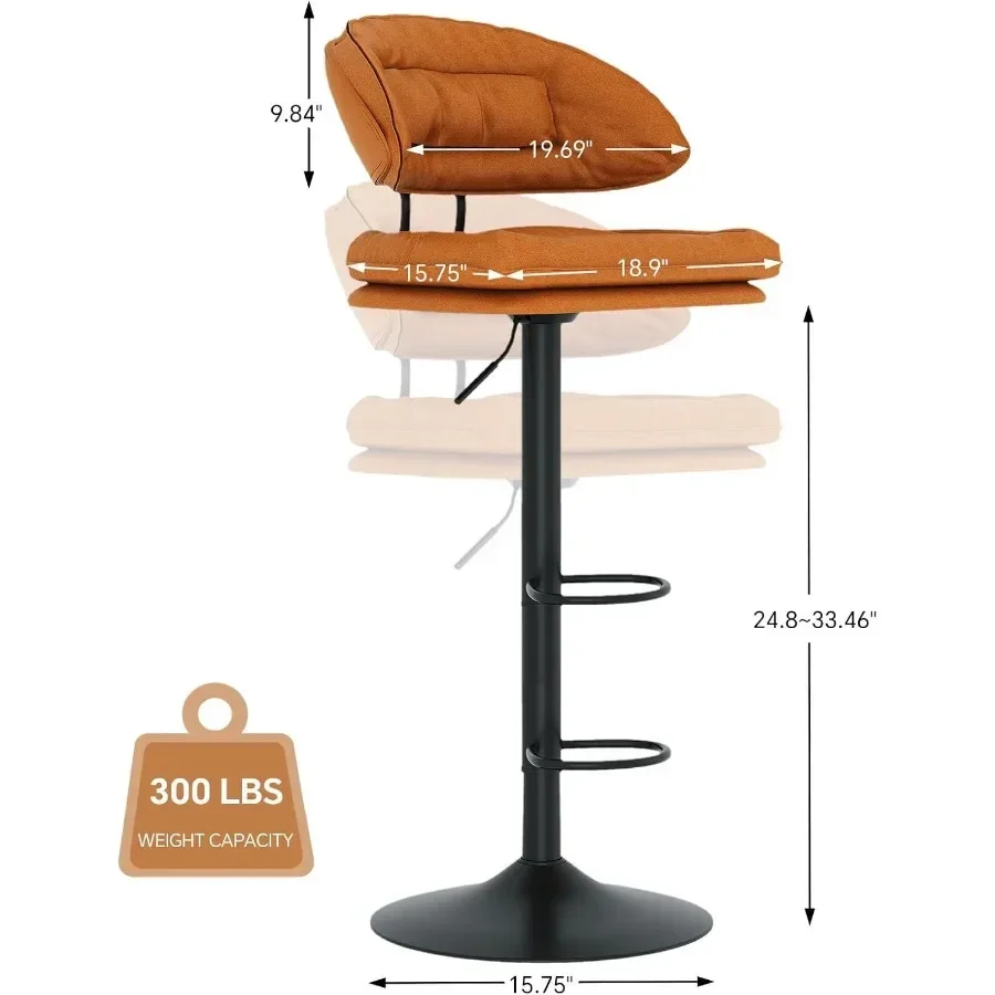 Modern Bar Stools, Spacious Ergonomic Double-Layer Cushion Upholstered Swivel Bar Stools with Backrest, Adjustable for Kitchen