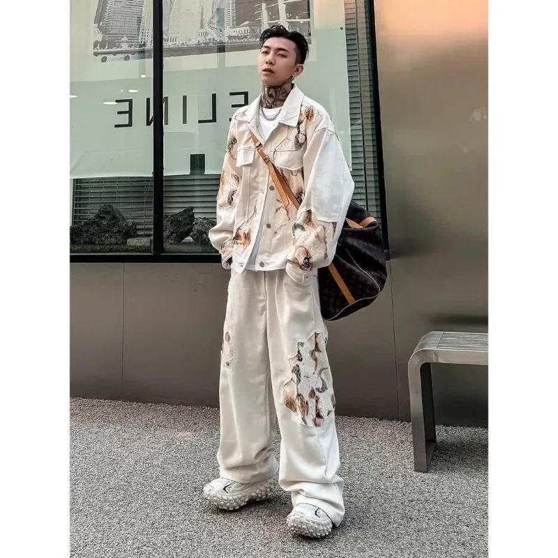 

American Retro Personality Lace Patchwork Denim Jacket Autumn Design Sense Straight Leg Wide Leg Pants Two-piece Set