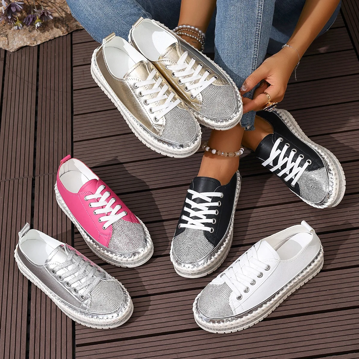 Large-Sized White Sneakers Women's Fashionable Sponge Cake Loafers New Year Water Diamond Thick-Sole Board Shoes
