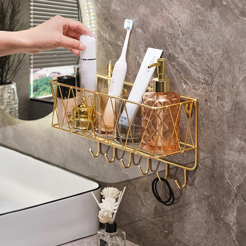 

Luxury Gold Bathroom Shelf Punch Free Wall Mounted Hanging Rack Iron Towel Holder Cosmetics Makeup Storage Rack Shower Shelves