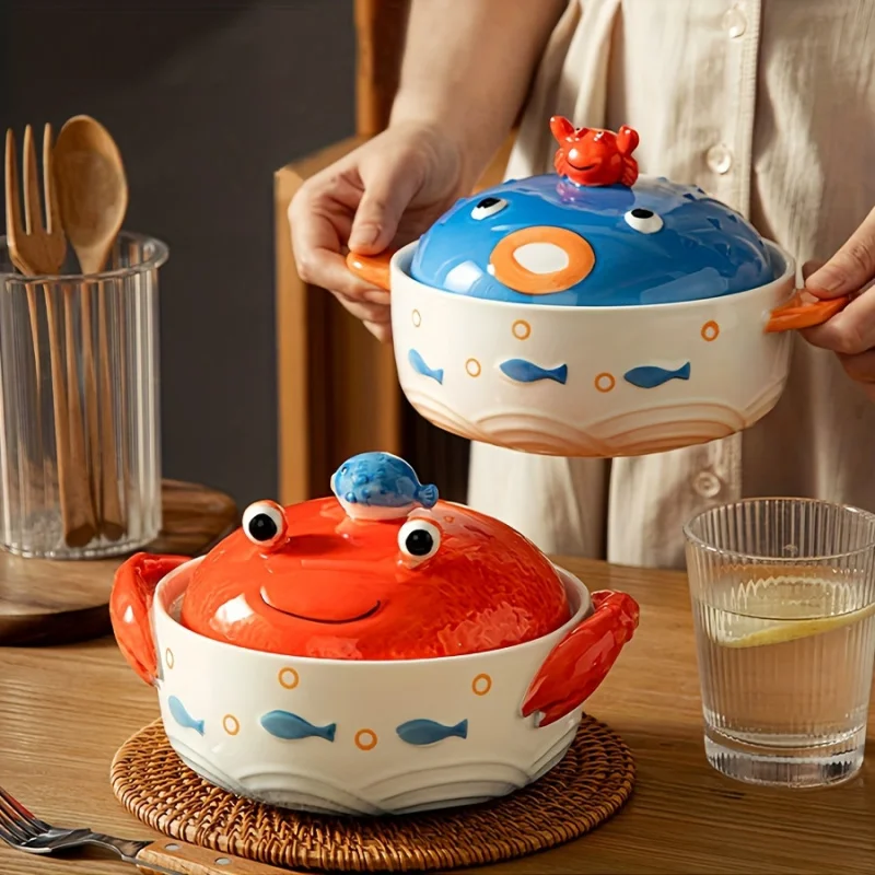 1 Cute Ceramic Crab and Puffer Fish Printed Salad Bowl with Lid，Large Capacity Ramen Soup Bowl