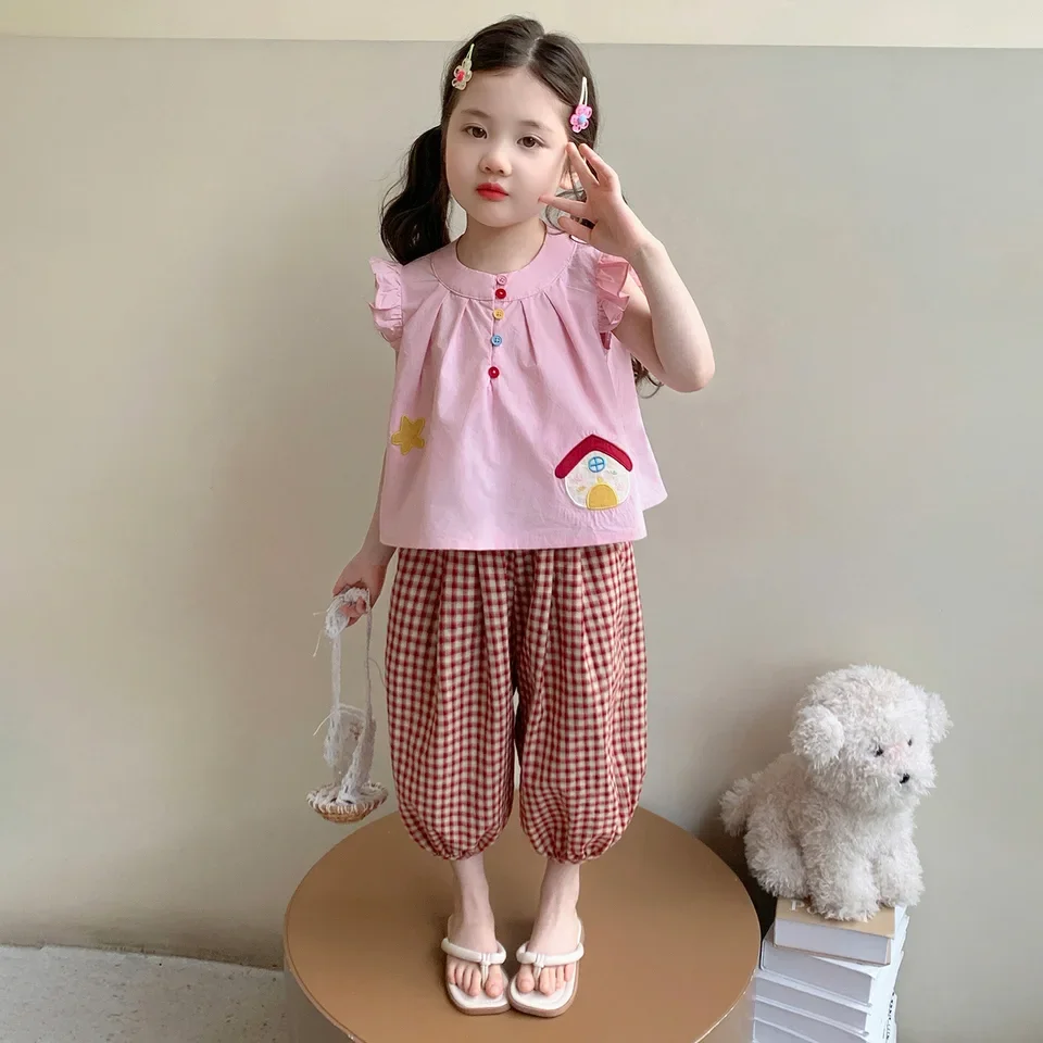 Little Girl Sweet Set Summer 2026 New Baby Flutter Sleeve Doll Top Summer Outfit Kids Plaid Pants Two Piece Set