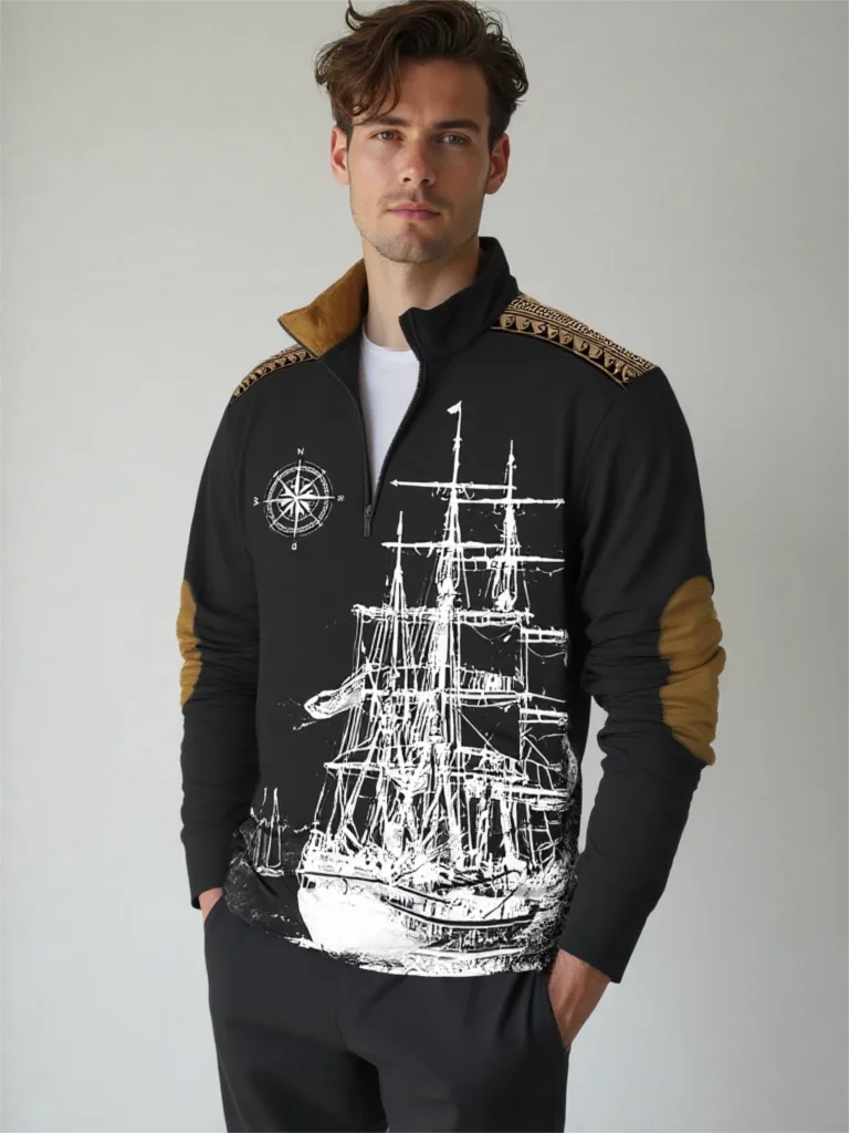

Navigation Adventure Fashion Vintage Men's Clothes Casual Half Zip Long Sleeve Sweatshirts Autumn Street Trend Stand Collar Tops