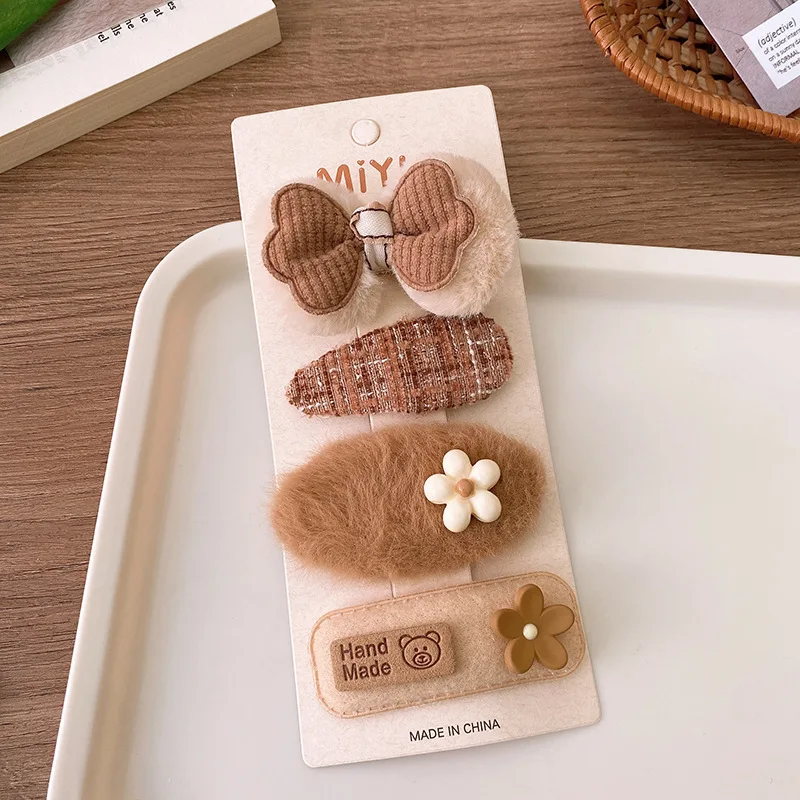 4 Teile/los Kaffee Farbe Stoff Plüsch Bogen Haar Clips Für Mädchen Blume Haarnadeln Kinder Süße BB Clip Gestreiften Haarspangen Haar dekoration – Detail 9