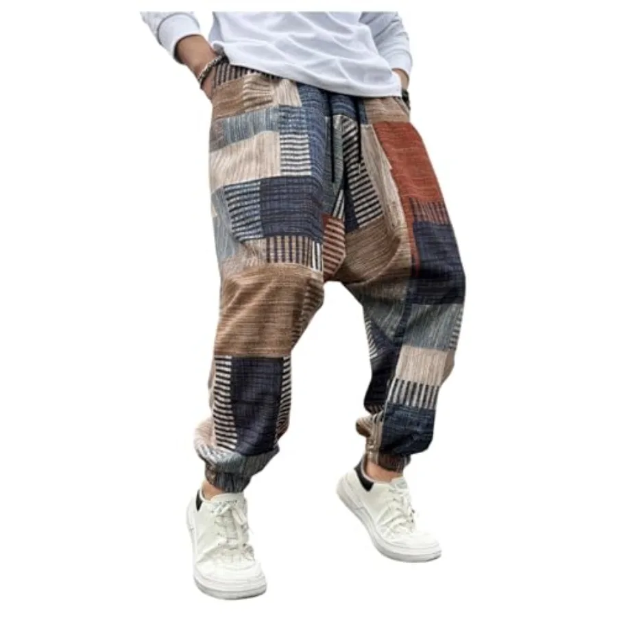 

BEAUDRM Men's Color Patchwork Hippie Harem Pants Baggy Vintage Boho Pants Summer Beach Trousers Streetwear