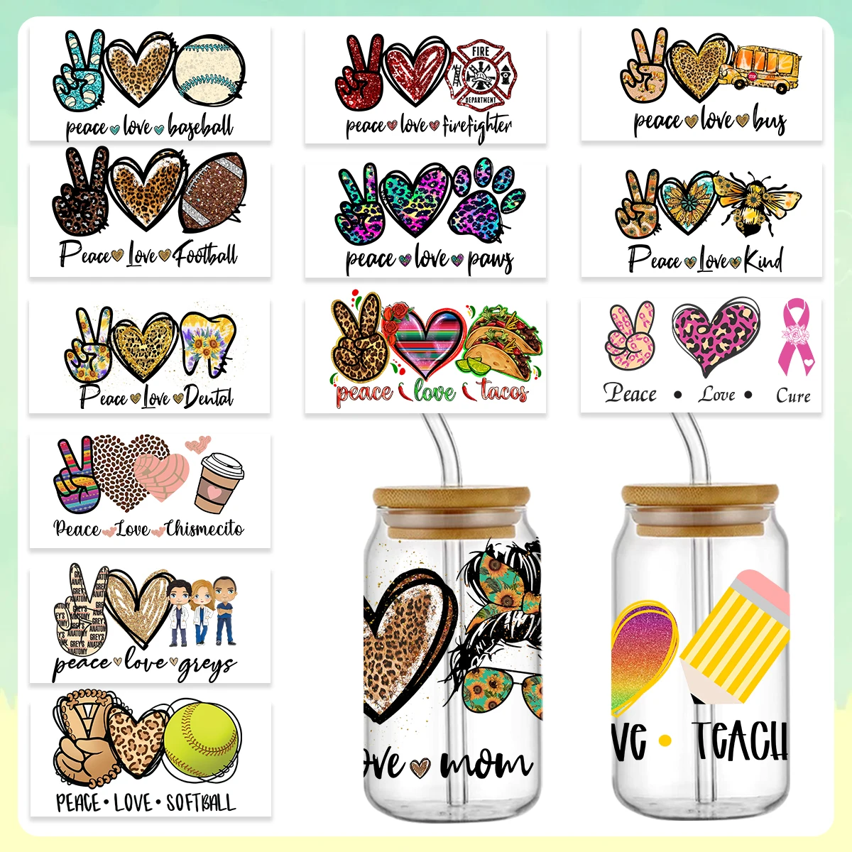 16oz UV DTF Cup Sticker Crystal Label Waterproof Resistant DIY Wrap Transfers Stickers Glass Peace&Love 9.45*4.33in