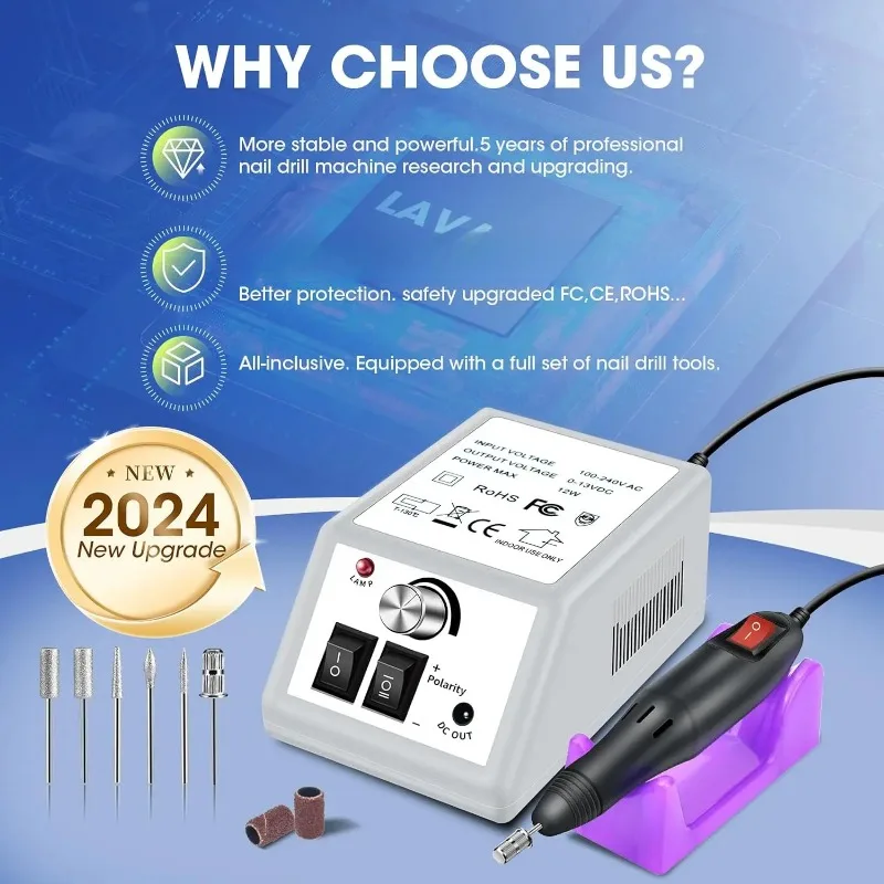 Profesjonalny zestaw wierteł do manicure do usuwania lakieru żelowego, kształtowania paznokci i pilnika - niski poziom hałasu, łatwy w użyciu