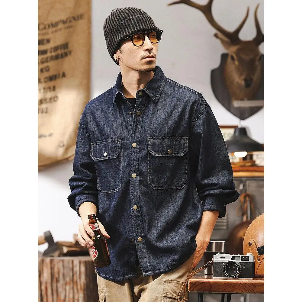 

Мужская джинсовая куртка в американском ретро-стиле с вышивкой, натуральный цвет, из хлопка, рабочая одежда, удлиненная, для осени 2025