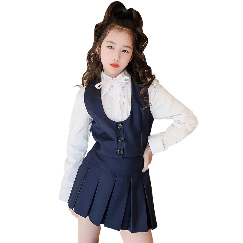 

autumn College style teenage girls clothes set vest+cotton white shirt+Pleated skirt 3pcs 4-15 kids suit Fashion Children Outfit