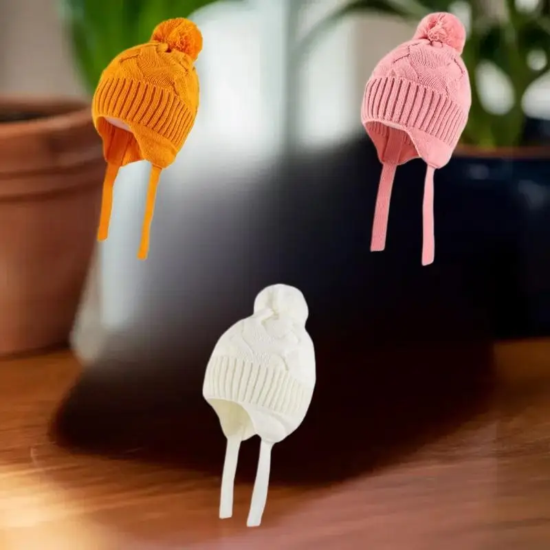 니트 아기 모자 스카프 세트 겨울 따뜻한 여자아이 비니 플리스 안감 유아 어린이 모자 폼폼 장식