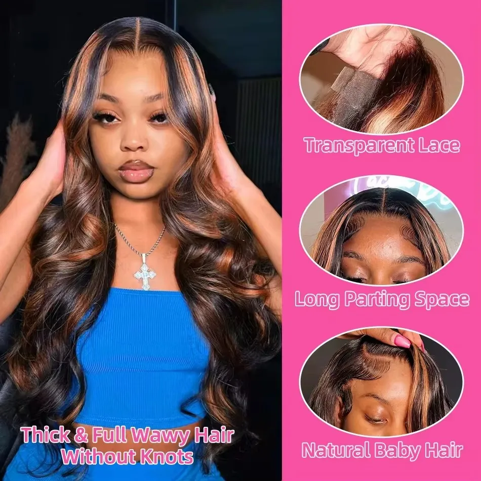 Highlight Ombre 13x4 Lace Front Wigs Human Hair Body Wave Lace Front Pre Plucked 13x6 1B/30 Brown Highlight Wig 220 Density For Women
