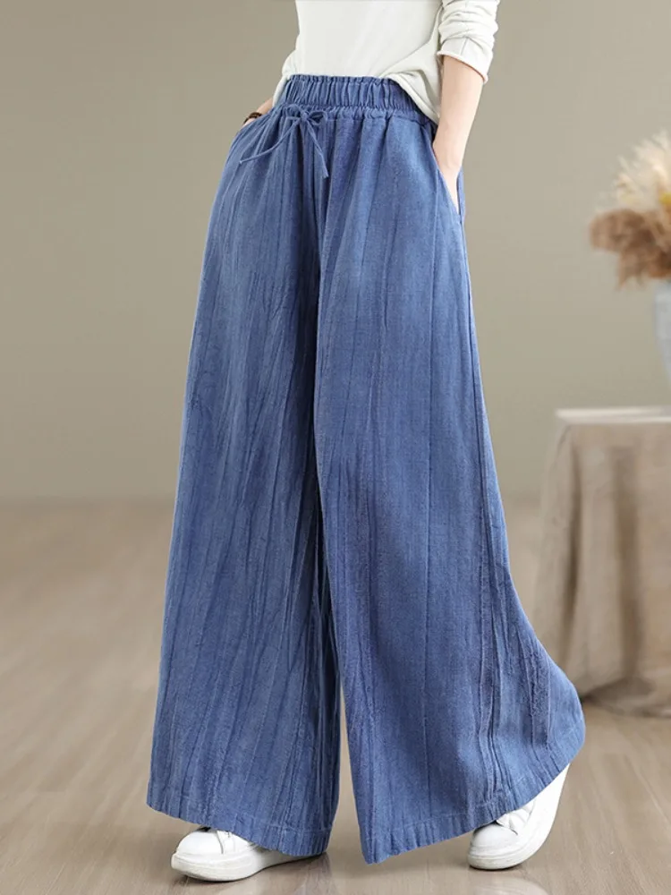 Hand Dyed Wide Leg Pants Women's Cotton Linen Draped Slimming Tai Chi Pants Belted Casual Straight Long Pants Artistic Style