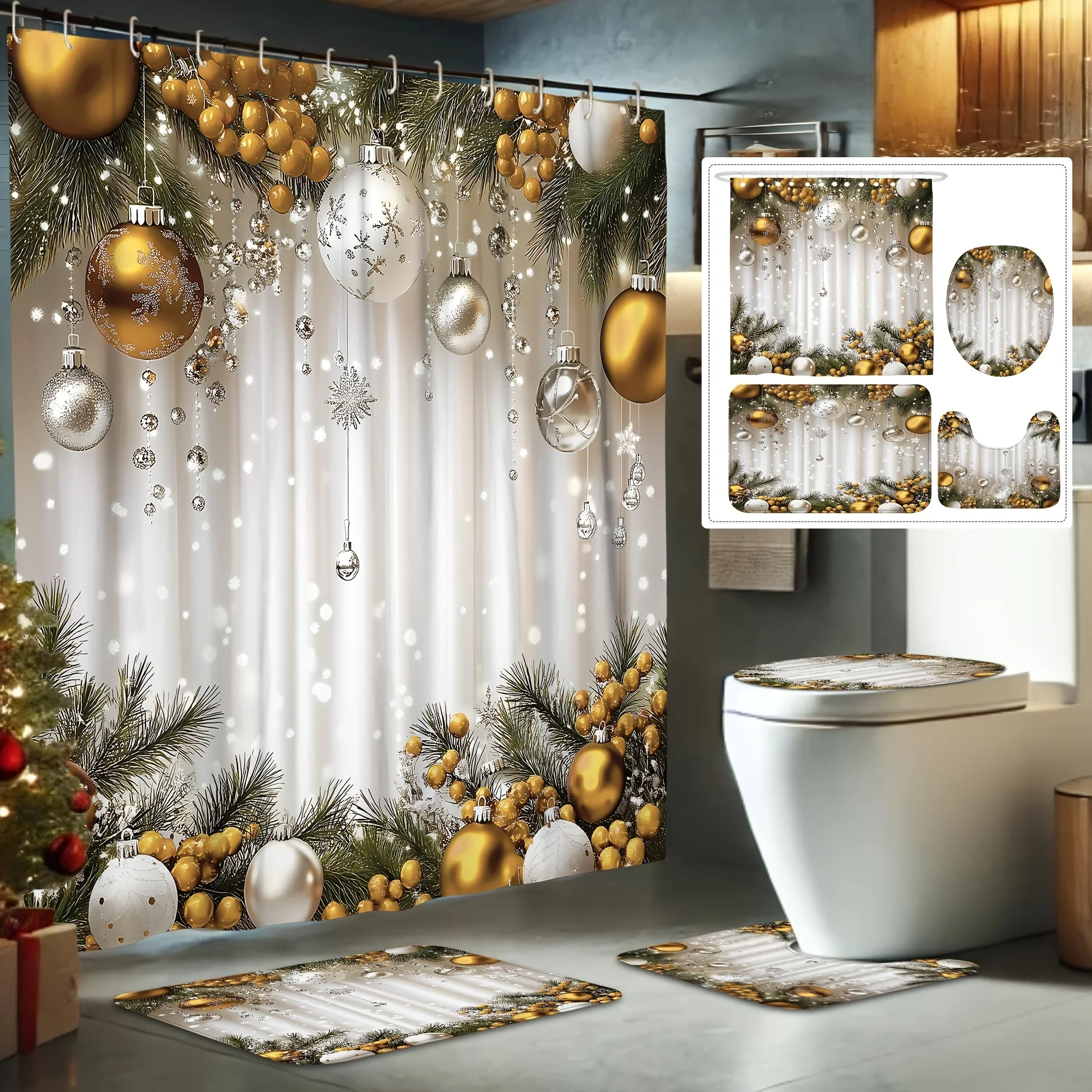 

4Pcs Xmas Bath Set, Ball Pine Tree Holly, Gold White Luxury, Holiday Decor Gift, 12 Hooks, Non-Slip U-Shaped Cover