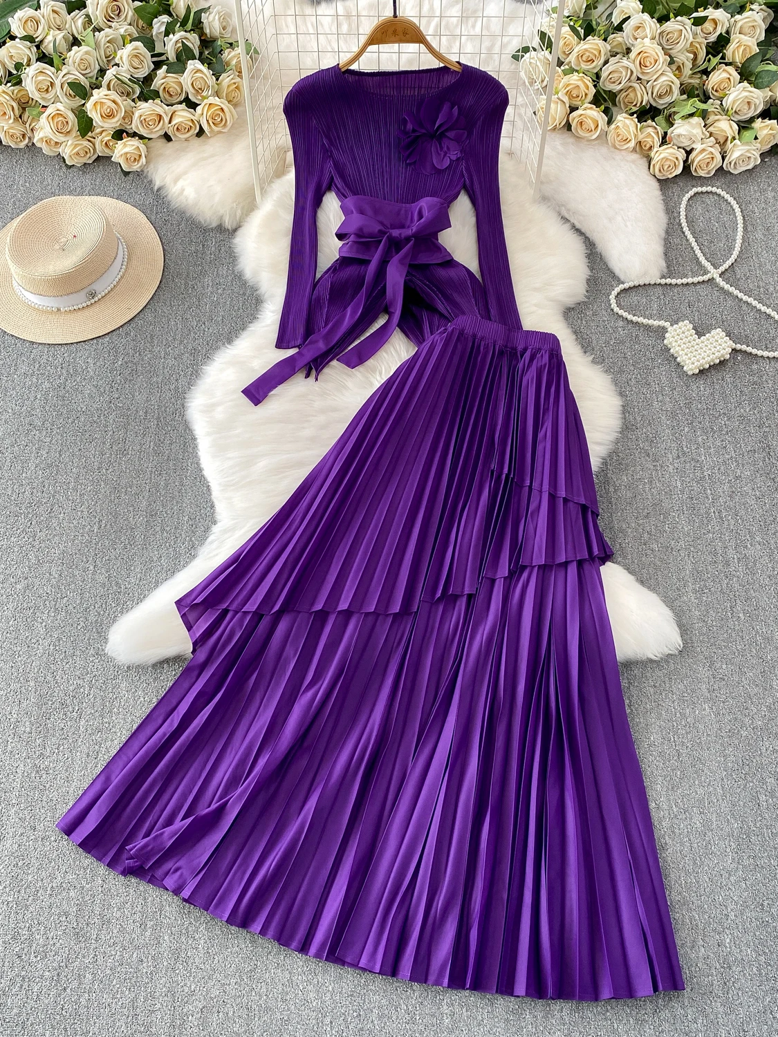 

Ele Godd Sle Long Skirt Set with Belt Floral Print Slim Fit Asymmetrical Pleated Top And Skirt for Casual And Formal...