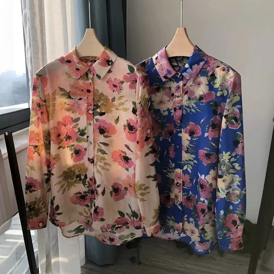 Romantico stile francese Fusang Flower Print bella delicata piccola camicia a maniche lunghe in cotone di seta con colletto a punta top da donna