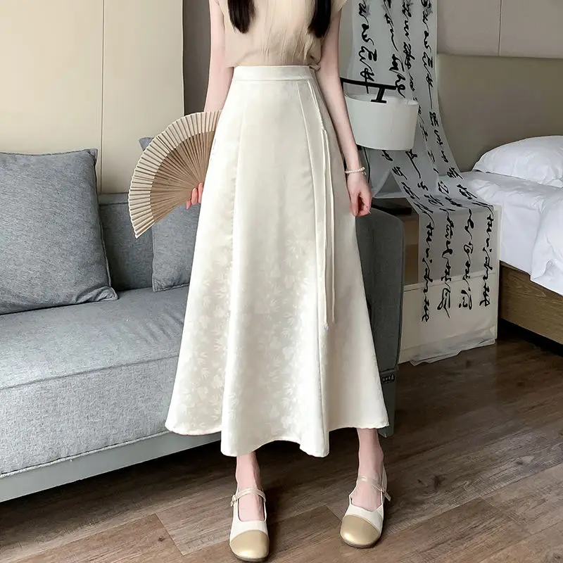 Summer Vintage High Waist Midi Skirts Chinese Style Drawstring Women's Clothing Fashion Jacquard Weave Elegant A-Line Skirts New